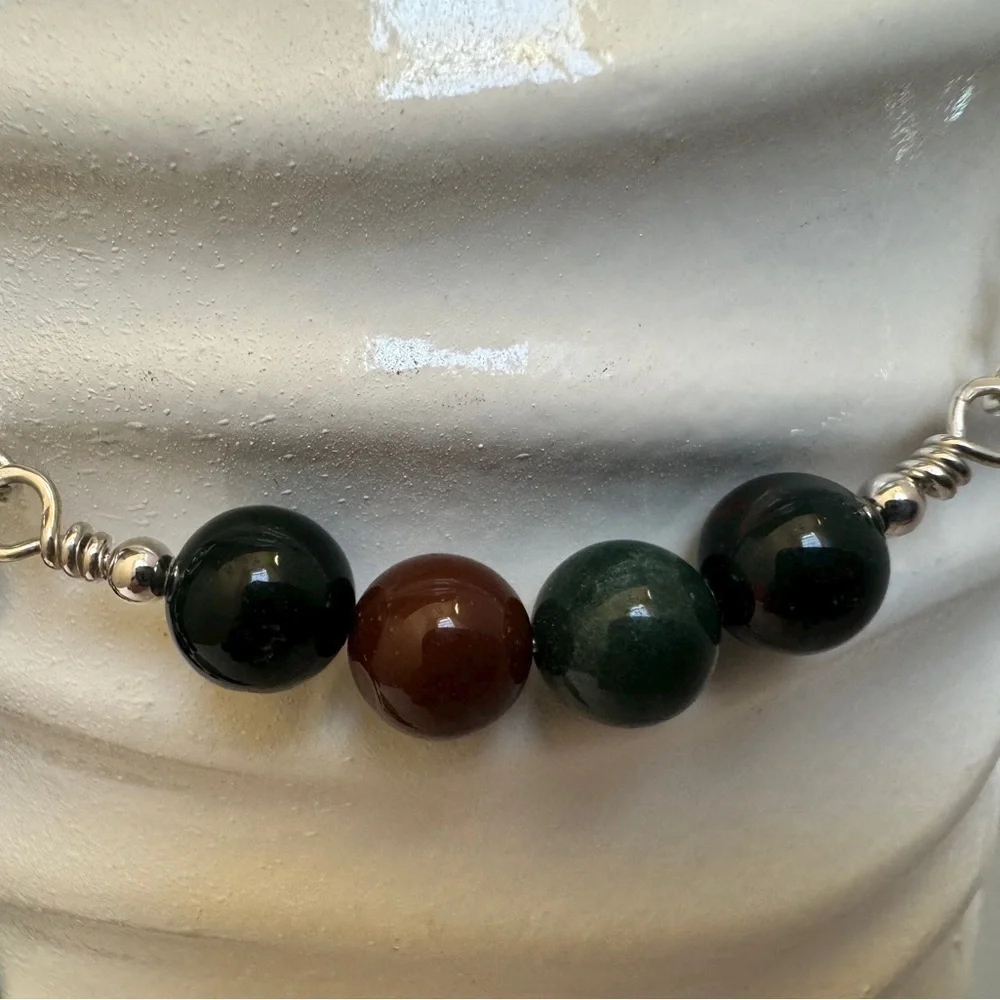 ARTISAN Bloodstone Beaded Wire Wrapped Necklace in Sterling Silver size 19”